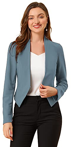 Allegra K Women's Work Office Blazer Collarless Business Casual Suit Jacket Cropped Blazer X-Small Grey Blue