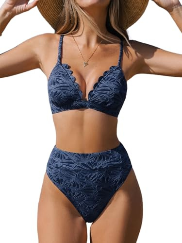 CUPSHE High Waisted Bikini Two Piece Swimsuits Scalloped V Neck Crisscross Back Jacquard Bathing Suits Navy
