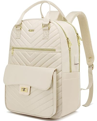 RJEU Sac a Dos Femme,Sac à Dos Ordinateur Portable 15,6 Pouces pour Loisirs Travail Voyage,Sacoche PC Cartable Femme Sac à Dos Scolaire pour College Fille,Beige