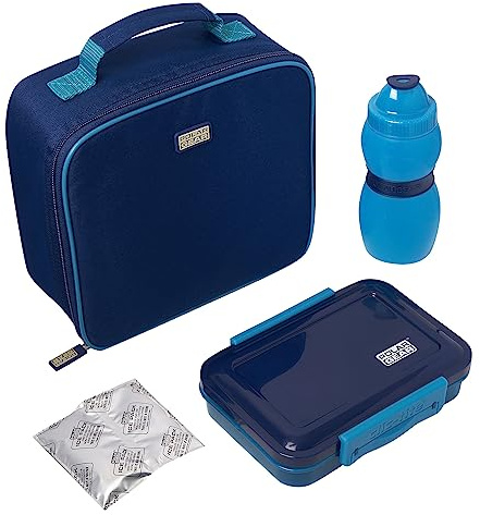 All-in-One Lunch Kit: Insulated Food-Safe Lunch Cool Bag with Internal net Pocket, 500ml Bottle, 550ml Lunch Box with clic-tite Clips, and ice Pack - Ideal for School and outings - Blue