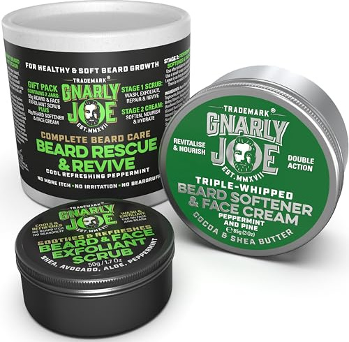 Gnarly Joe Beard Rescue & Revive Gift Pack - Beard Softener 85ml & Exfoliant 50g Set for Men - Beard Cream & Face Scrub with Cocoa Butter, Peppermint & Coconut - Beard Conditioner - Made in UK