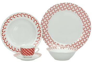 Juego de vajilla de 30 piezas con platos, cuencos y tazas – Vajilla de porcelana blanca y roja