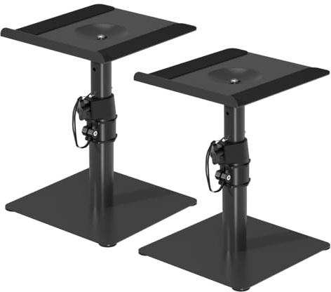 Suptek Soporte de Altavoces de Escritorio, Juego de 2, Bandejas de 9.6 x 8.8 Pulgadas, Altura Ajustable e Inclinación, Soportes Universales para Altavoces de Estantería y PC, Negro, SDM001T