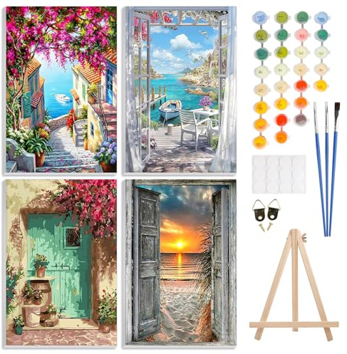 4 Pack Paint by Number Kits for Adults with Framed Canvas&Wooden Easel, DIY Adult Painting by Number Kit Oil Acrylic, Flower Door Sunset Painting Kit for Beginners, Arts and Crafts for Decor 8x12in