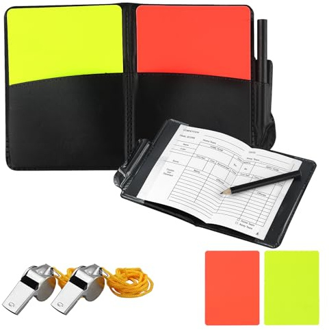 AMANDELIZABE 4 unidades, 1 juego de tarjetas de referencia de fútbol, incluye tarjetas de referencia rojas y amarillas, 2 silbatos de acero inoxidable, 1 bolsillo para tarjetas negras, 5 informes de
