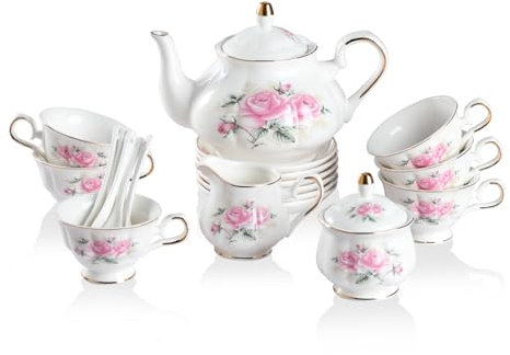 Sweejar Porcelain Tea Set Vintage Floral, British Relief Gold Rim Teapot Cup and Saucer Sets, 22-Piece Tea Sets for Adults, with Teapot, Sugar Bowl, Milk Jug, Spoons, Cup and Saucer (Pink Flower)