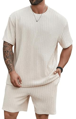 QUNERY Ensemble Homme Ete Survêtement Jogging 2 Pièces Tracksuit T-shirt + Short avec Poches Vacances Plage Costumes Abricot S