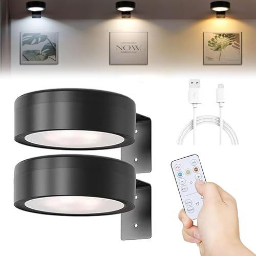 2 Pack Picture Lights for Wall, Battery Operated 3 Colors Rechargeable Picture Light Wireless Picture Frame Light Dimmable and Timer Art Lights for Painting Remote Control Wall Lights, (Black)