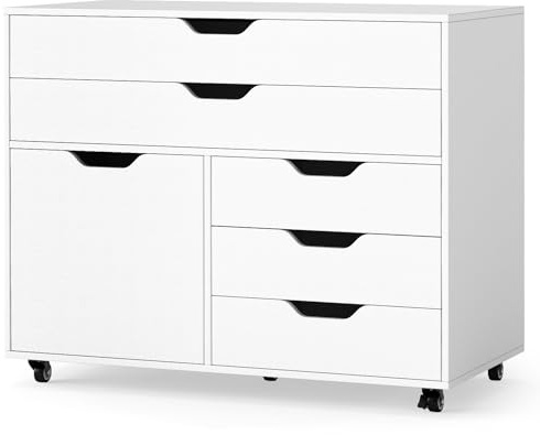 IFANNY File Cabinet, White Filing Cabinet w/Universal Wheels, Wood Printer Stand w/Storage, Rolling File Cabinets for Home Office, Living Dining Room (White, 2 Large Drawers & 3 Small Drawers)