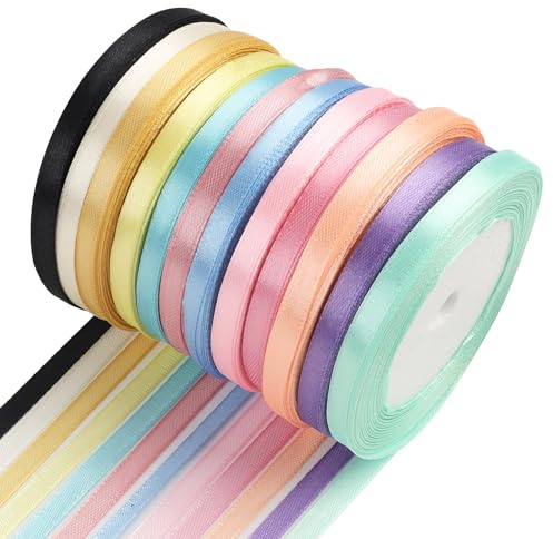 Ruban Satin 12PCS, Multicolore 6mm x 23m par Rouleau, pour Décoration DIY, Mariages, Fêtes et Emballage Cadeau Bouquet de Fleurs, Assortiment de Couleurs Vives pour Créations Diverses