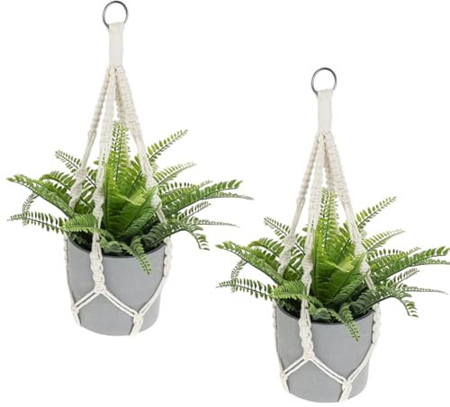 LUMOOM Lot de 3 suspensions en macramé en corde de coton - 55 cm - Anneau métal - Support de plante - Intérieur/extérieur - Jardin/salon/balcon