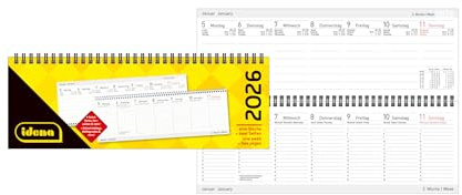 Idena 12059 - Tischkalender 2026 quer im Format 29,8 x 10,5 cm, pro Woche 2 Seiten, Schreibtischkalender mit Jahresübersicht und Spiralbindung