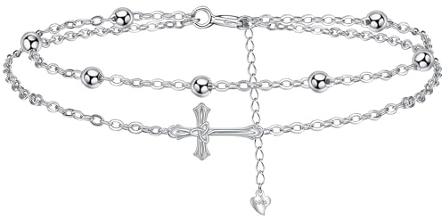 J.MUEN Pulseras Cruz Plata de Ley 925 - Pulsera Cruz con Doble Cadena,Originales Joyería Para Mujer Hermanas Esposa Amigo