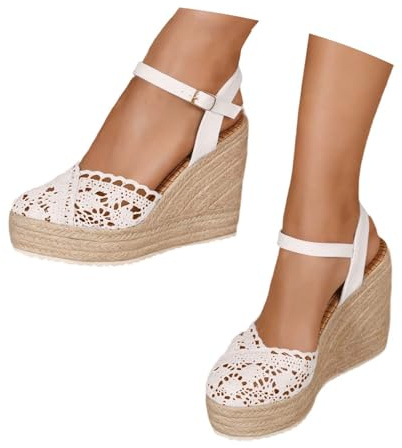 Dasongff Sandales Femme Été Espadrille Compensées Plateforme Plates Chaussures à Bout Fermé en Dentelle Confort Bride Cheville Vintage Vacances Talon Closed Toe Sandals Women