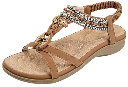 Nuoke sandalias,sandalias negras planas mujer, planas con tiras en T y cuentas para, con piedras preciosas de colores y elástico Caminar Zueco Sanitario (Khaki, 38)