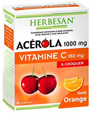 HERBESAN®- ACÉROLA 1000 -Vitalité -Haute concentration en Vitamine C- Réduction de la fatigue- Goût Orange - 30 comprimés à croquer