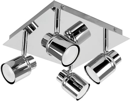 MiniSun | Modern Polished Chrome Square Plate Adjustable IP44 Bathroom 4 Way Ceiling Spotlight Complete with 4 x 5W Warm White GU10 LED Bulbs | Bathroom, Home Décor Essential | Mains Wired