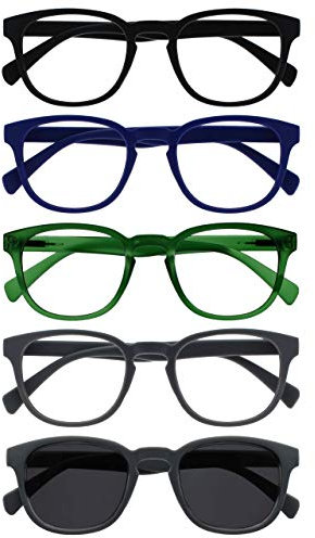 OPULIZE Pop 5 Pacco Occhiali Da Lettura Con Lettore Sole Retrò Giro Nero Blu Verde Grigio Uomo Donna RRRRS2-13677 +1,50