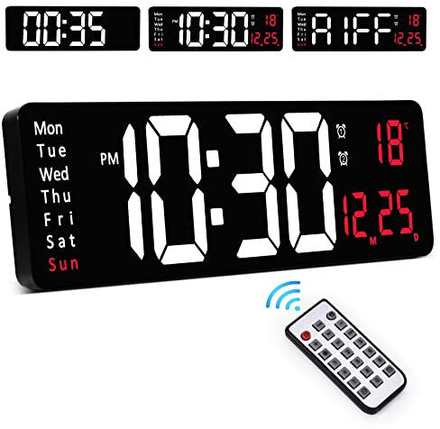 Sukeen Sukeen 16 große digitale Wanduhr mit Fernbedienung, Wanduhr mit Auf- und Abwärtszählen/10-stufiger Dimmung/Doppelalarm/Tag/Datum/Temperatur, nicht tickende Wanduhr für Wohnzimmer, Fitnessstudio