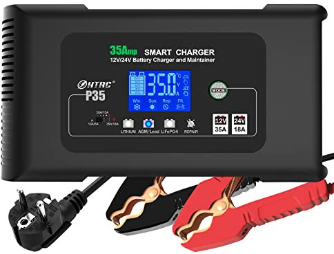HTRC 35A Chargeur de Batterie Voiture 12V/24V, Chargeur Batterie Mainteneur et Automatique Réparation Fonction pour Voiture Moto Camion/Batteries au Lithium LiFePO4 Plomb-Acide (AGM, Gel, MF, EFB)