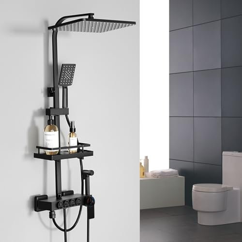 Dnkelar Regendusche Duschsystem mit Duscharmatur, Komplettset Set Duschstange mit Brause Duschkopf mit Schlauch und Halterung (Mit Thermostat-2)