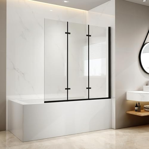 EMKE Parete vasca da bagno pieghevole 130 x 140 cm, 3 pannelli girevoli, vetro vasca da bagno in vetro di sicurezza da 6 mm, oscillazione di 180°, Telaio nero stile industriale, nano-rivestito