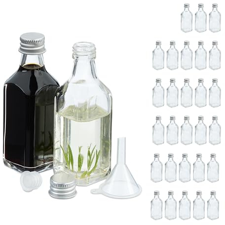 Relaxdays Set 30 Bottigliette in Vetro per Bomboniere, Bottiglie da 50 ml, Barattolini con Tappo, Trasparente Argentato