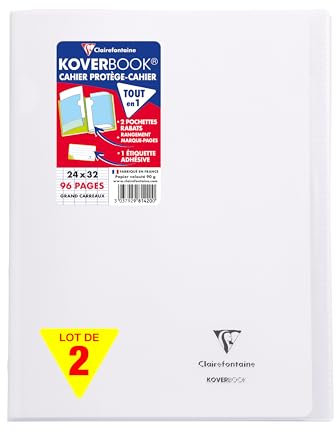 Clairefontaine 981420SAMZC Un lot de 2 Cahiers Agrafés Koverbook 24x32 cm - 96 Pages Grands Carreaux - Papier Blanc 90 g - Couverture Polypro - Couleur : Incolore
