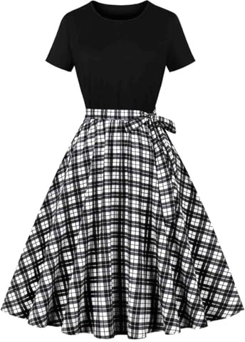 Keepink Robes d'été pour femmes UK Petites Dames Vintage Robes des années 50 et 60 Robes décontractées à manches courtes à basques Robes vintage à bretelles Robe Swing Vintage avec ceinture Taille