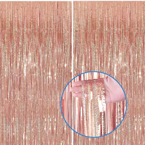 Tende Metalliche Rosegold a Brillantini, Orpelli Rosaoro e Festoni Lamina Frangia Rose Gold per Sfondo Fotografico e Decorazioni Festa Compleanno -2Pz-