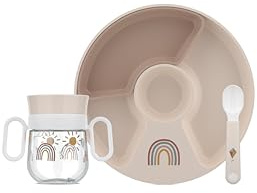 Mepal - Set di stoviglie per bambini Mio - 3 pezzi, con bottiglia per imparare a bere e cucchiaio educativo - Lavabile in lavastoviglie - Sunshine & Rainbow