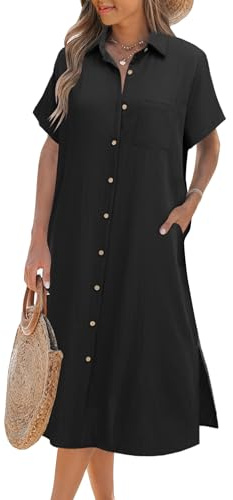 Zeagoo Vestidos de verano casuales de manga corta con botones para mujer, vestidos de playa con bolsillos