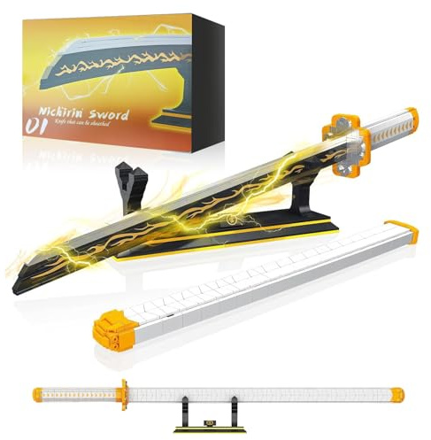 Hengrongshen Katana Demon-Slayer, 99cm Épée Zenitsu en Briques de Construction Style Ideas, Kit de 956 Pièces avec Support et Gaine, Cosplay Manga Cadeau Décoratif pour Adultes et Enfants