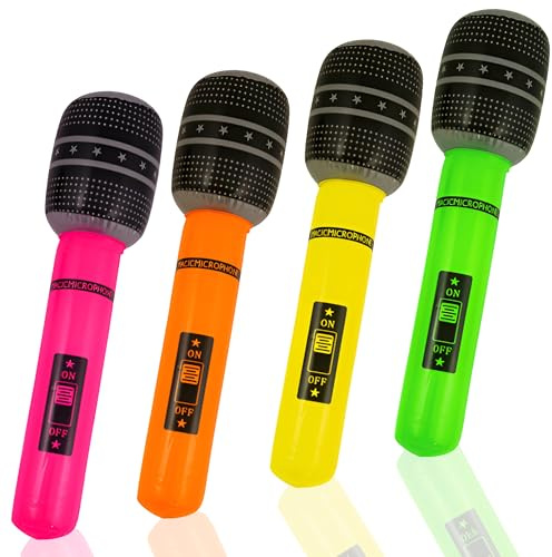 4pk Neon Inflatable Microphones - 66cm Blow Up Mic Rock Star Pop Star, Toys Fancy Dress Accessories, Hen Parties, Pool Parties, Photo Booth Props, Party Bag Fillers, Fun for Everyone, Reusable