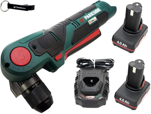 HEADNMORE® Bundle Parkside - Taladro atornillador angular (funciona con batería, 12 V, PWBSA 12 y llavero HEADNMORE® (batería de 2 x 4 Ah)