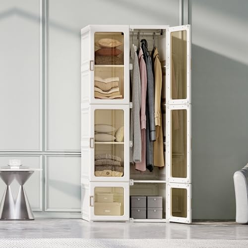 Armadio pieghevole armadio portatile 69 x 170 x 50 cm (larghezza x altezza x profondità), armadio in plastica versatile con asta appendiabiti e ante magnetiche per camera da letto, soggiorno, bianco