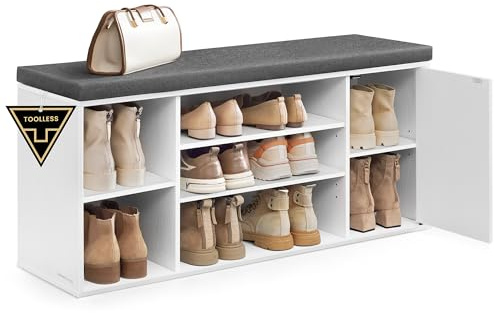 SONGMICS HOME Schuhbank, superschnelle werkzeuglose Montage, Toolless-Technologie, Sitzbank mit Stauraum, offene Fächer, verstellbar, Schuhschrank, schneeweiß-schiefergrau LHS391WE01