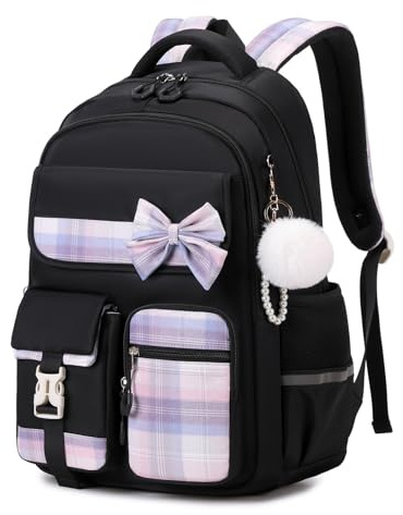 Girls Backpack, Kids Backpack for Girls School Bags with Pen Case, Bow Plaid Book Bag for Elementary Middle Primary High School College