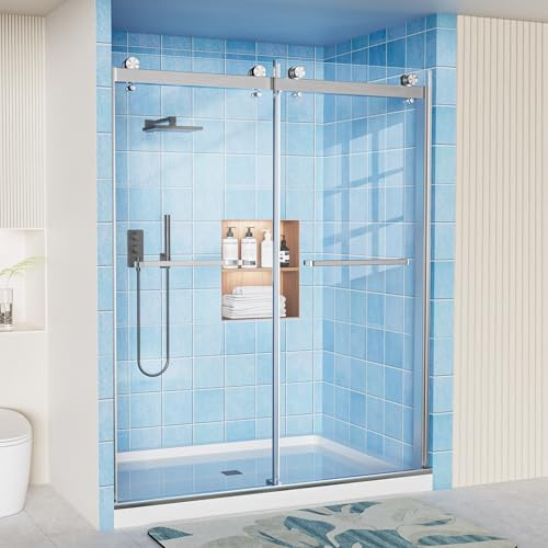 Frameless Shower Door, 56-60 W x 72 H Double Sliding Shower Doors, 1/4 (6mm) Thick Tempered Clear Glass Door with Explosion-Proof Film Nano Coating, Stainless Steel Hardware, Brushed Nickel