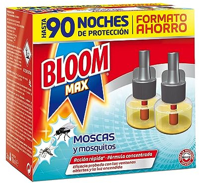 Bloom Max Eléctrico Líquido Recambio Doble (pack de 2), insecticida para mosquitos común y tigre, antimosquitos 90 noches de protección