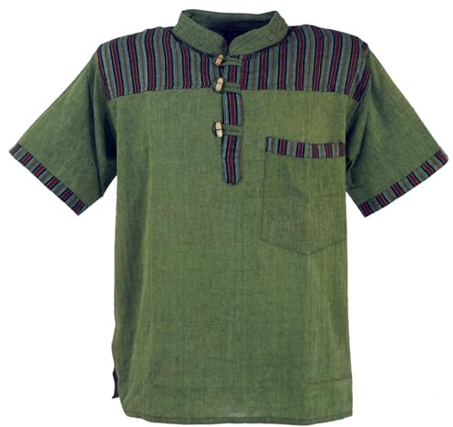 GURU-SHOP, Camisa de Pescador de Nepal, Camisa de Manga Corta Goa Hippie Rayada, Olivo, Algodón, Tamaño:XXL, Camisas de Hombre