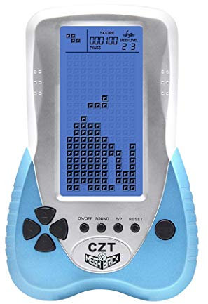 CZT verbesserte Version der Großbild-Backstein-Spielekonsole mit Einstellbarer Blauer Hintergrundbeleuchtung, Plug-in-Headset, 23 Spiele, Puzzle, wiederaufladbares Kindergeschenk(Blau)