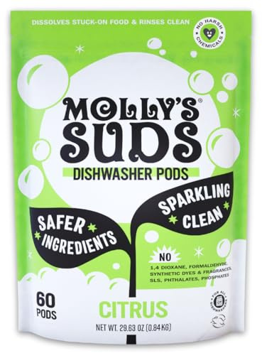 Molly's Suds Dishwasher Pods | Natural Dishwasher Detergent, Cuts Grease & Rinses Clean (Residue-Free) for Sparkling Dishes, Biodegradable Auto-Release Tabs (Citrus – 60 Count)2. The 。 A