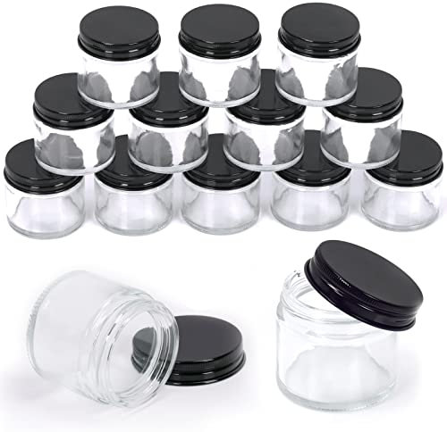 Swpeet Lot de 15 bocaux en verre transparent de 60 ml avec couvercle noir, conteneurs ronds en verre avec couvercles, pots de voyage pour crème, lotion