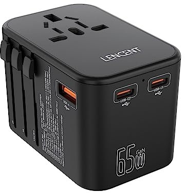 LENCENT Universeller Reiseadapter, GaN III 65W Weltweites Ladegerät mit 1 USB &2 USB-C PD Schnellladung, Internationaler Reiseadapter für Telefone, Laptop, für Typ A/C/G/I (USA/UK/EU/AUS) Steckdose