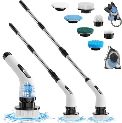 Akdomart Spazzola Rotante Pulizia Casa, Spazzola Elettrica per Pulizia con 7 teste di foratura intercambiabili, scrubber elettrico con maniglia regolabile per bagno pavimento piastrellato