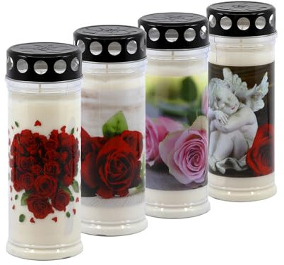Horeca Candles - Bougies Funéraires avec Couvercle - Durée 7 Jours - Lot de 5 Bougies pour Cimetière - Cire Blanche - Bougies pour Tombe avec Motifs