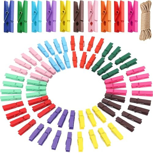 Wäscheklammern Holz, 150 Stück Mini Bunt Holzklammern, 3.5cm Holzklammern Klein Holzklammern mit 10m Schnur für Fotos Aufhängen Natur Deko Holzklammern Fotoklammern Zierklammern (Bunt)