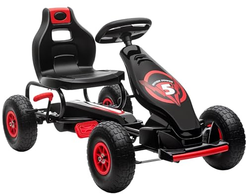 HOMCOM Kart à pédales pour Enfant Go-Kart véhicule à pédale siège réglable 3 Positions Frein à Main pneus antidérapant Enfant de 5 à 12 Ans métal + PP Rouge Noir