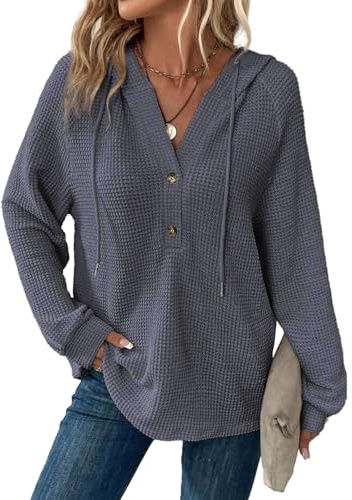 Cuptacc Sweat Femme Manche Longue Col V Boutonné Pull Oversize Cordon Waffle Sweat à Capuche Femme